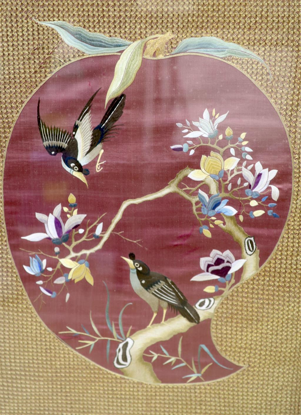 A Japanese silkwork panel of birds on a purple ground, width 48cm to the mounts height 57cm